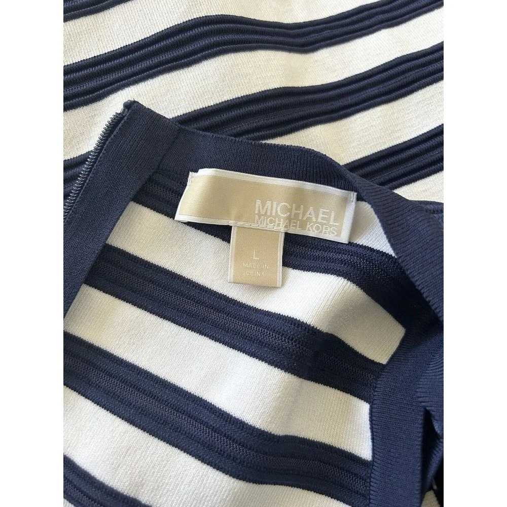 New Michael Michael Kors‎ True Navy White Mixed-Stripe Fit Flare Dress Sz L $225